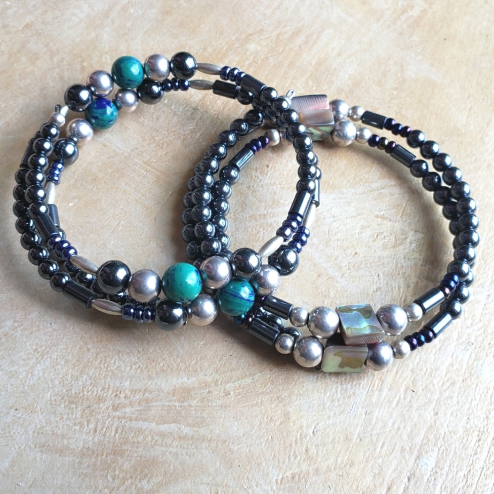 Set Of Two Bracelets With Azurmalachite, Abalone, Hematite And Sterling Silver